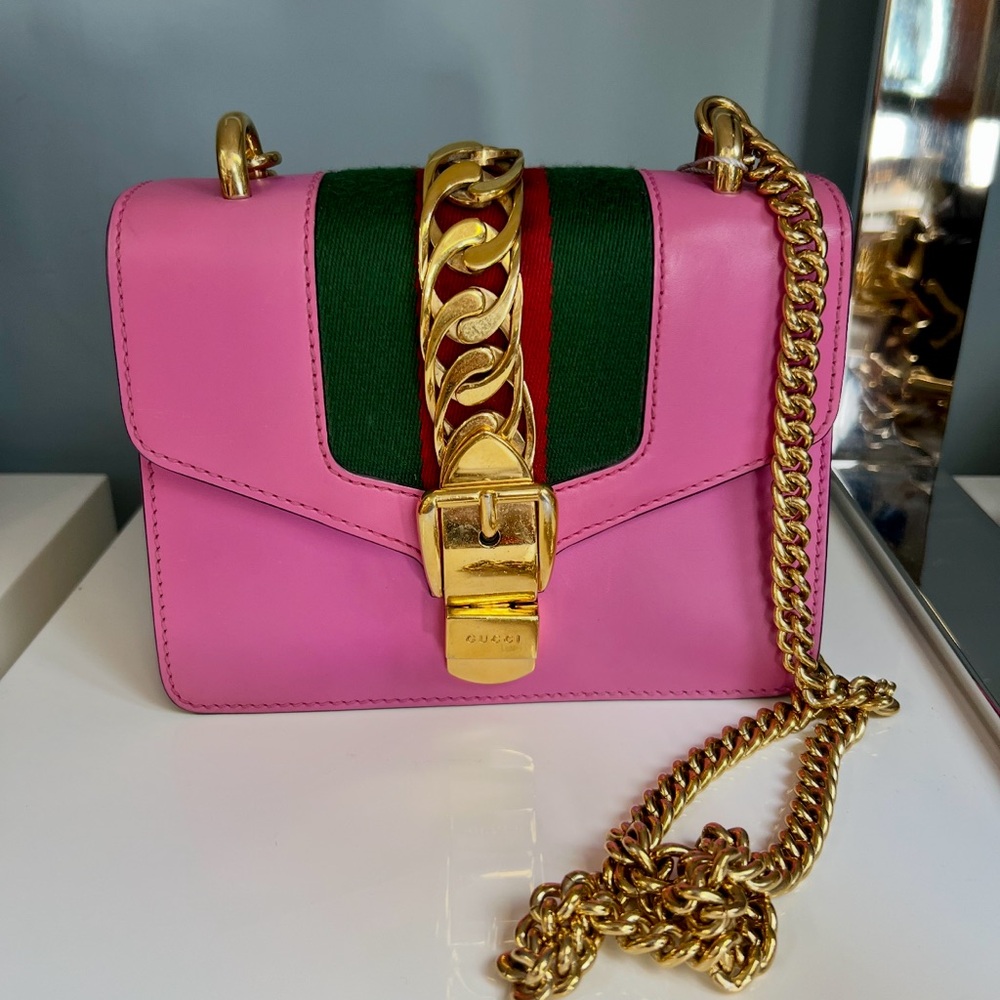 Gucci Mini Sylvie Pink and Green Crossbody Bag with Gold Chain